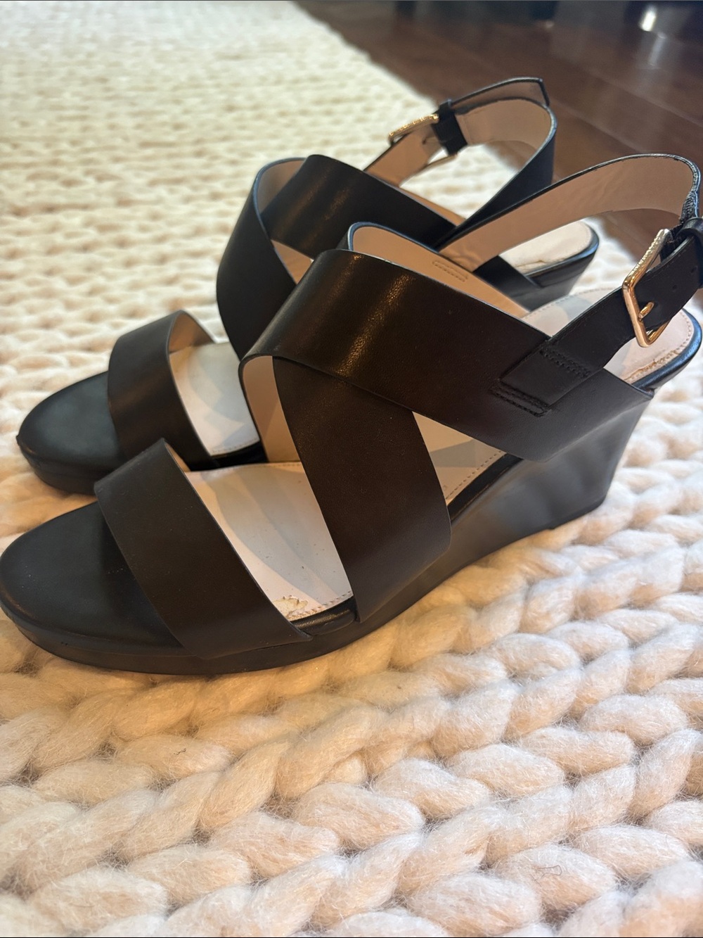 Cole Haan Black Leather Crisscross Wedge Sandals